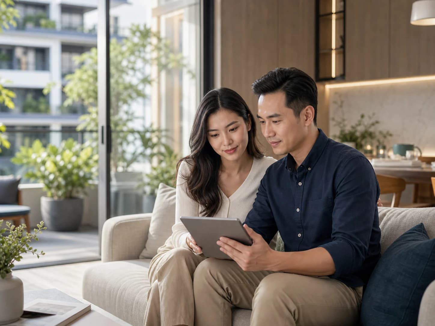 Một cặp đôi đang cùng xem thông tin căn hộ trên máy tính bảng